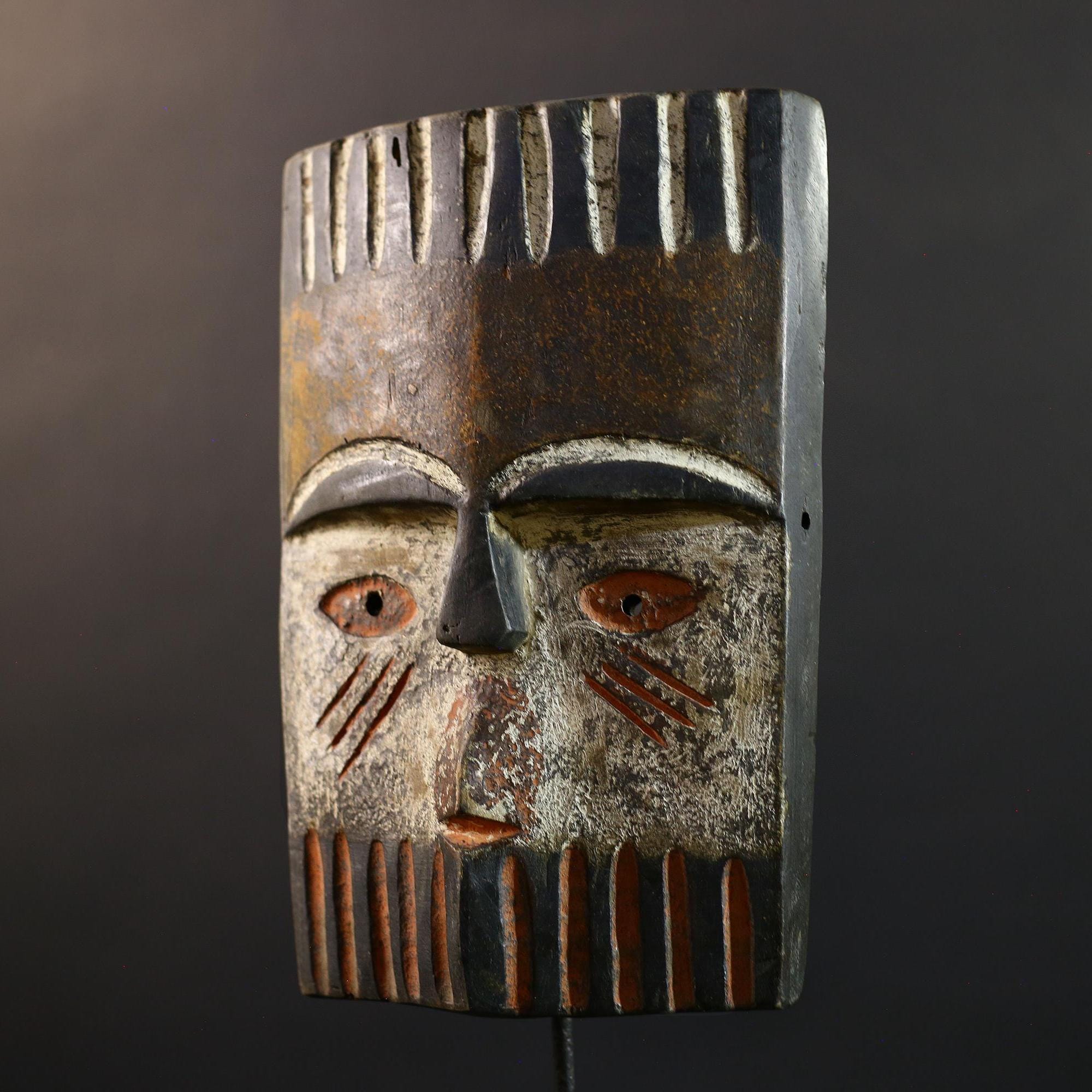 Africa Teke Mask, Tribal Wood Wall Decor, Vintage Ethnic Congo Art, Rustic Hand-Carved Folk Sculpture, Cultural Home Wall Hanging Mask-G5339