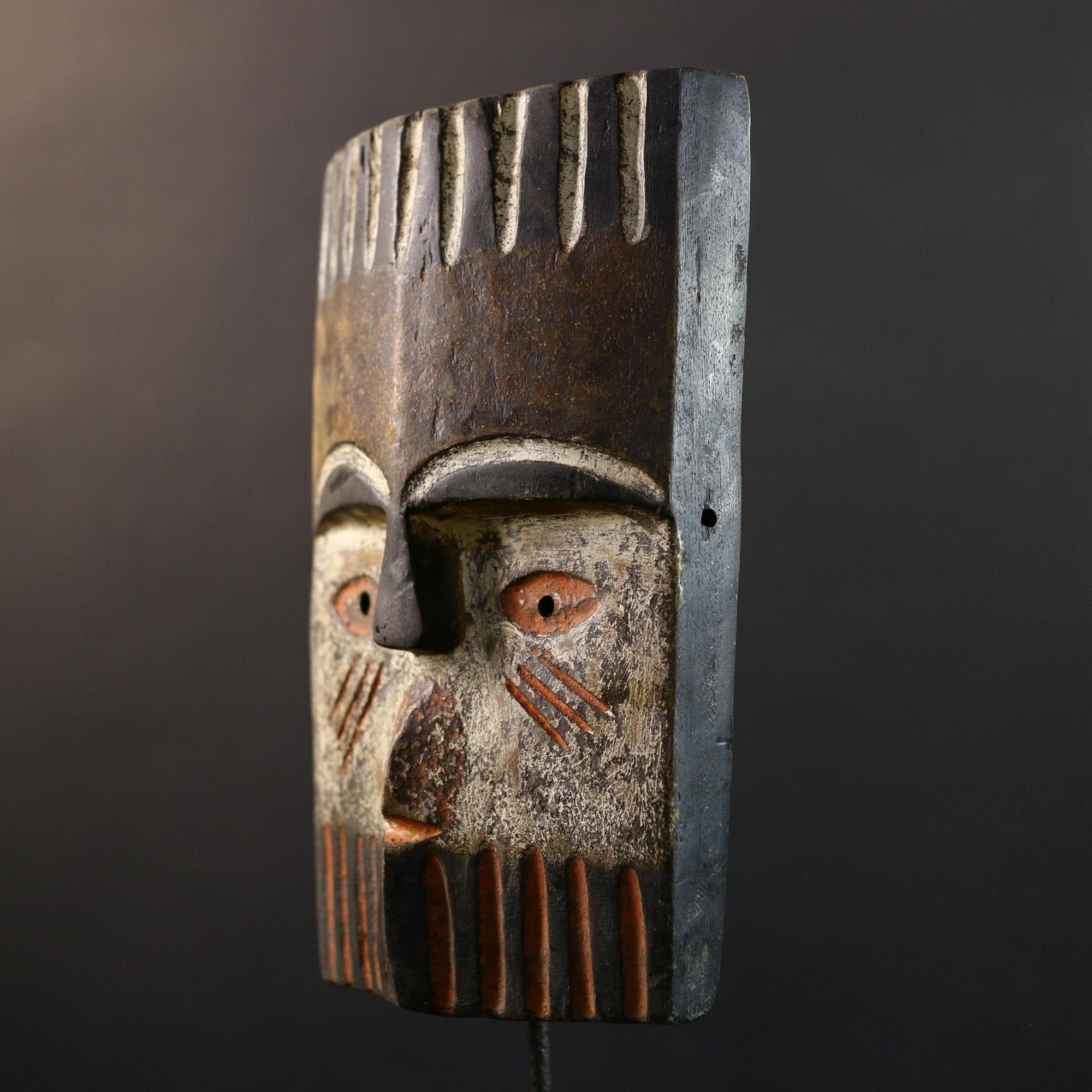 Africa Teke Mask, Tribal Wood Wall Decor, Vintage Ethnic Congo Art, Rustic Hand-Carved Folk Sculpture, Cultural Home Wall Hanging Mask-G5339