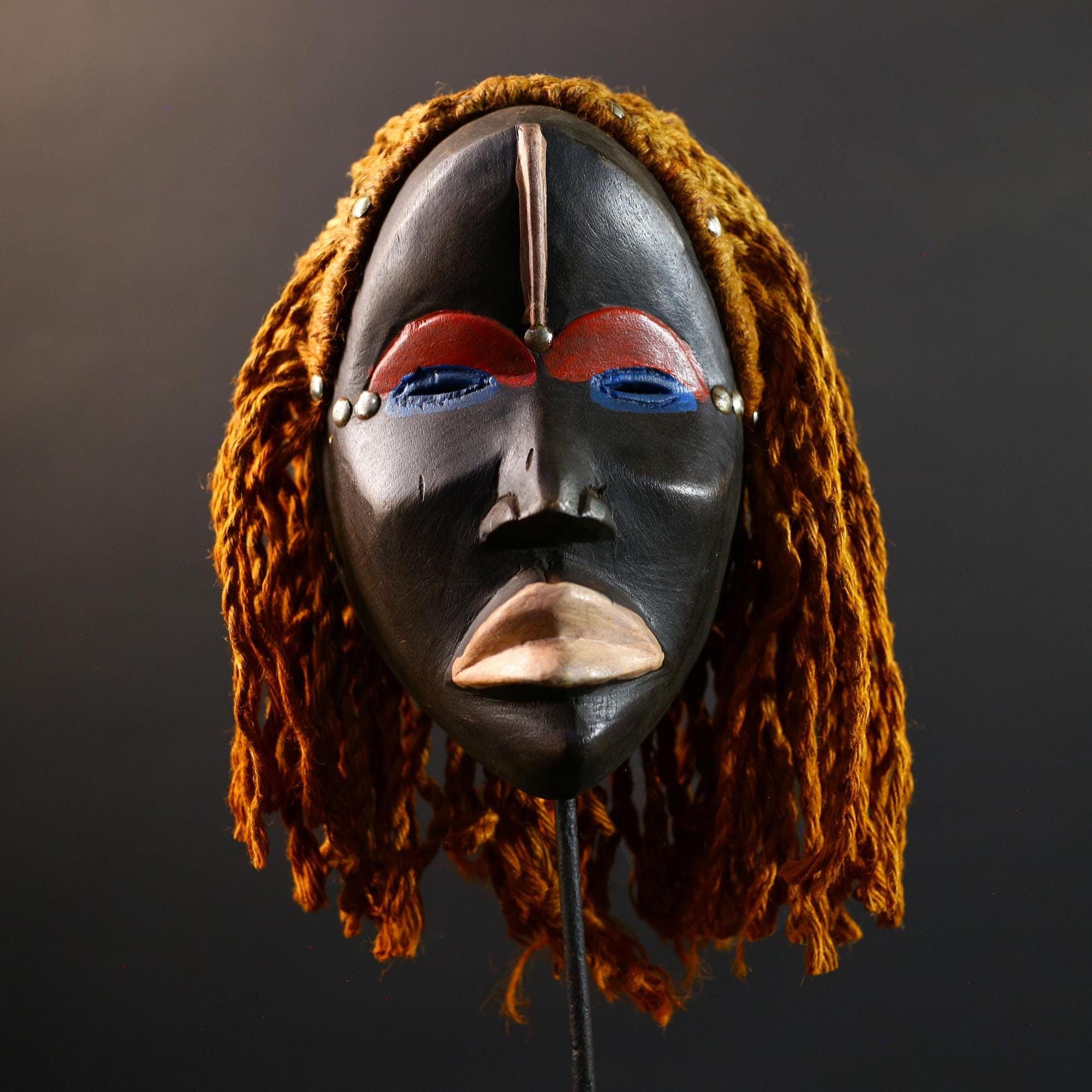 African Dan Mask, Tribal Wood Wall Decor with Hair, Hand-Carved Liberia Ethnic Art, Vintage Rustic Folk Sculpture, Cultural Wall Art-G5344