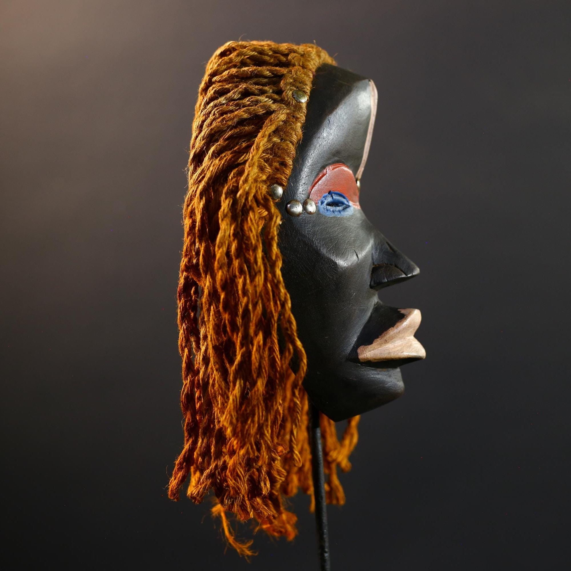 African Dan Mask, Tribal Wood Wall Decor with Hair, Hand-Carved Liberia Ethnic Art, Vintage Rustic Folk Sculpture, Cultural Wall Art-G5344