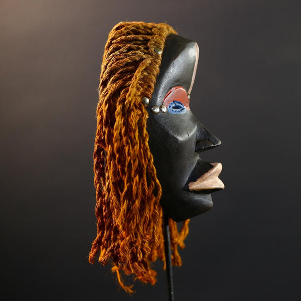 African Dan Mask, Tribal Wood Wall Decor with Hair, Hand-Carved Liberia Ethnic Art, Vintage Rustic Folk Sculpture, Cultural Wall Art-G5344