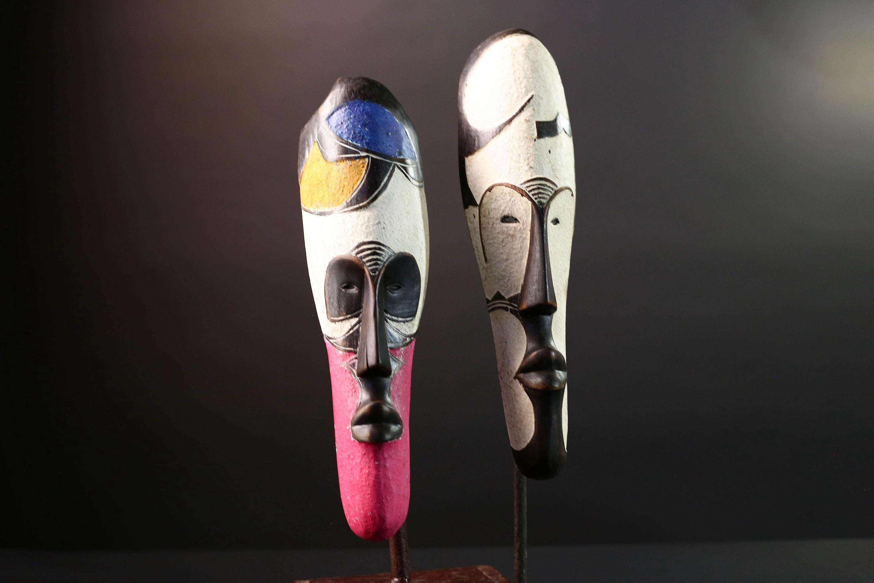 African Fang mask set tribal face wall decor carved wood white mask spiritual art Gabon mask wall hanging african mask pair  G5455