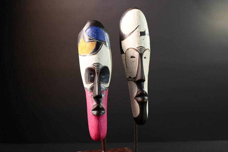 African Fang mask set tribal face wall decor carved wood white mask spiritual art Gabon mask wall hanging african mask pair  G5455