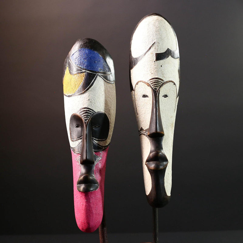 African Fang mask set tribal face wall decor carved wood white mask spiritual art Gabon mask wall hanging african mask pair  G5455