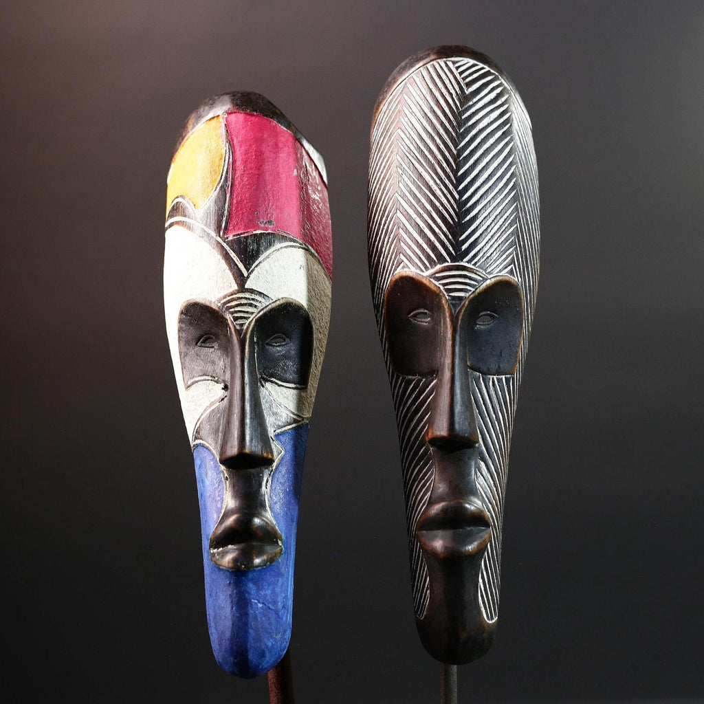 African Fang mask set tribal face wall decor carved wood white mask spiritual art Gabon mask wall hanging african mask pair  G5457