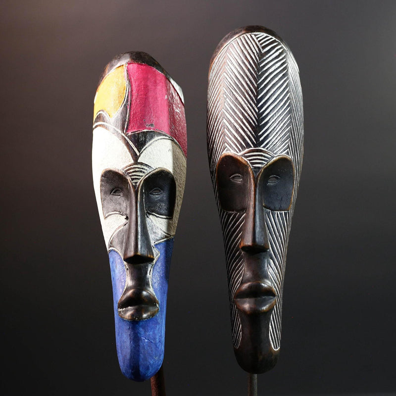 African Fang mask set tribal face wall decor carved wood white mask spiritual art Gabon mask wall hanging african mask pair  G5457