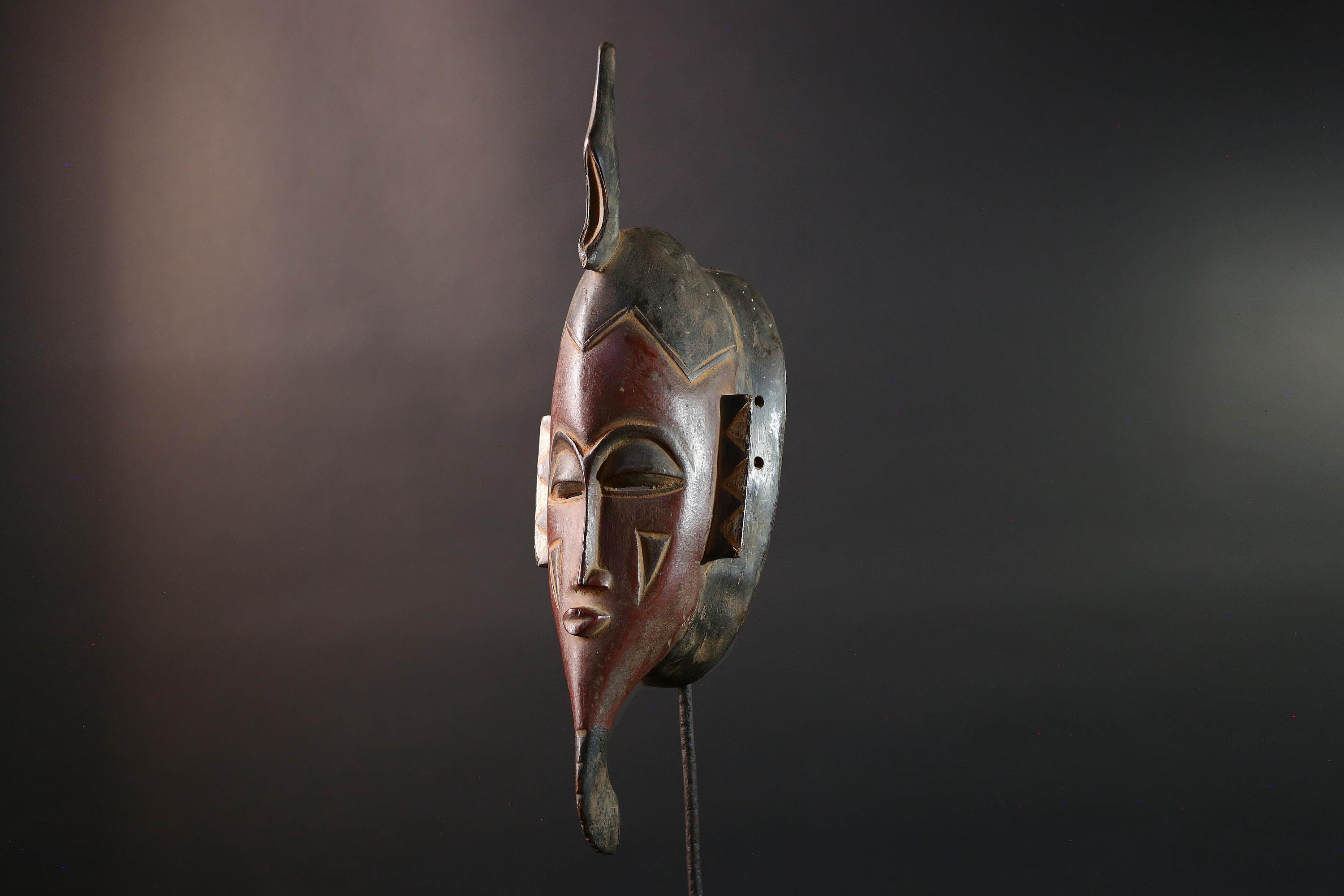 African Baule Kpelié mask tribal african mask long carved face spiritual wood wall decor ivory coast mask geometric carving G5458