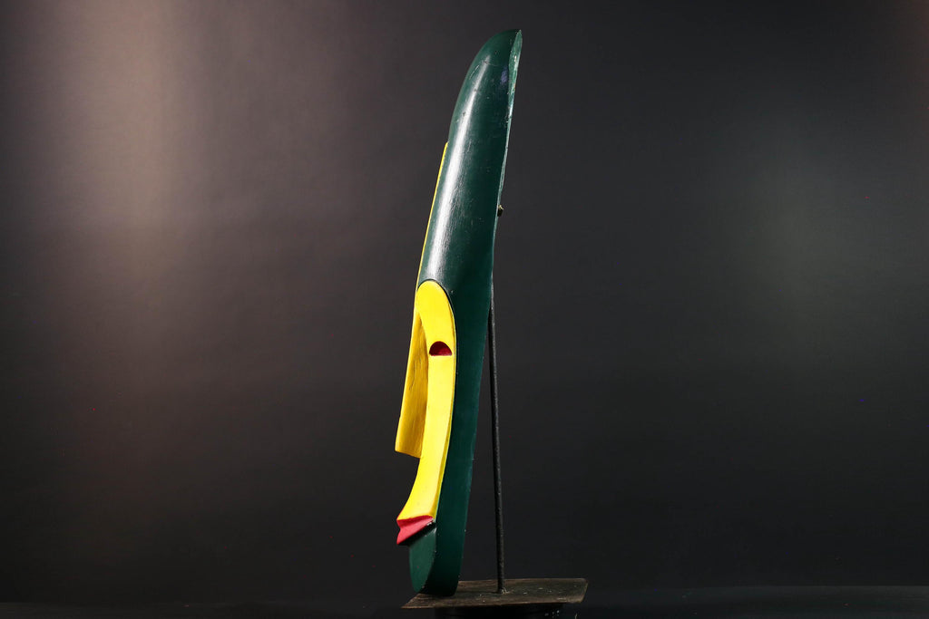 African wall mask tall fang mask tribal face art yellow green carved wood mask spiritual decor long african mask gabon wall hanging  G5460