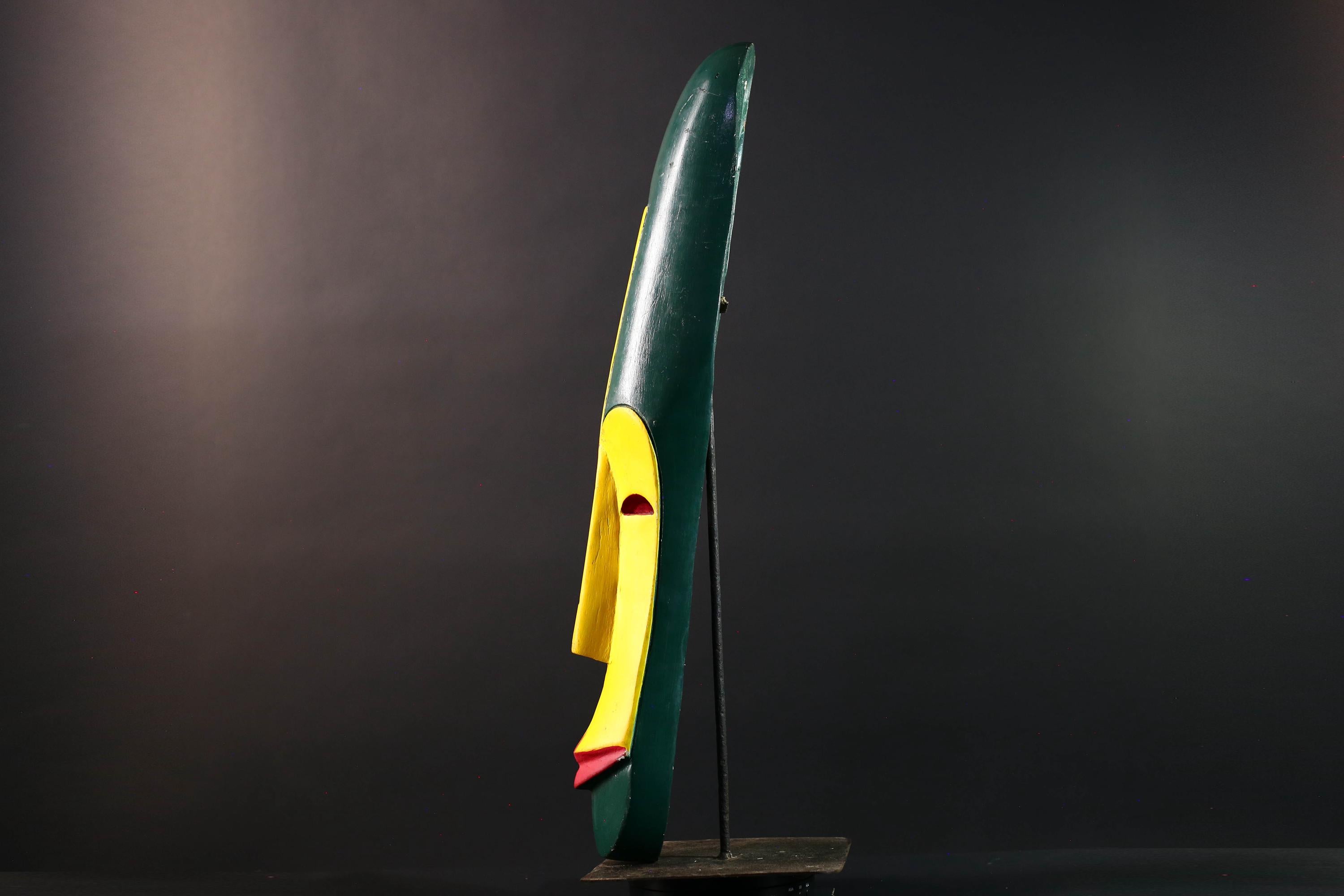 African wall mask tall fang mask tribal face art yellow green carved wood mask spiritual decor long african mask gabon wall hanging  G5460