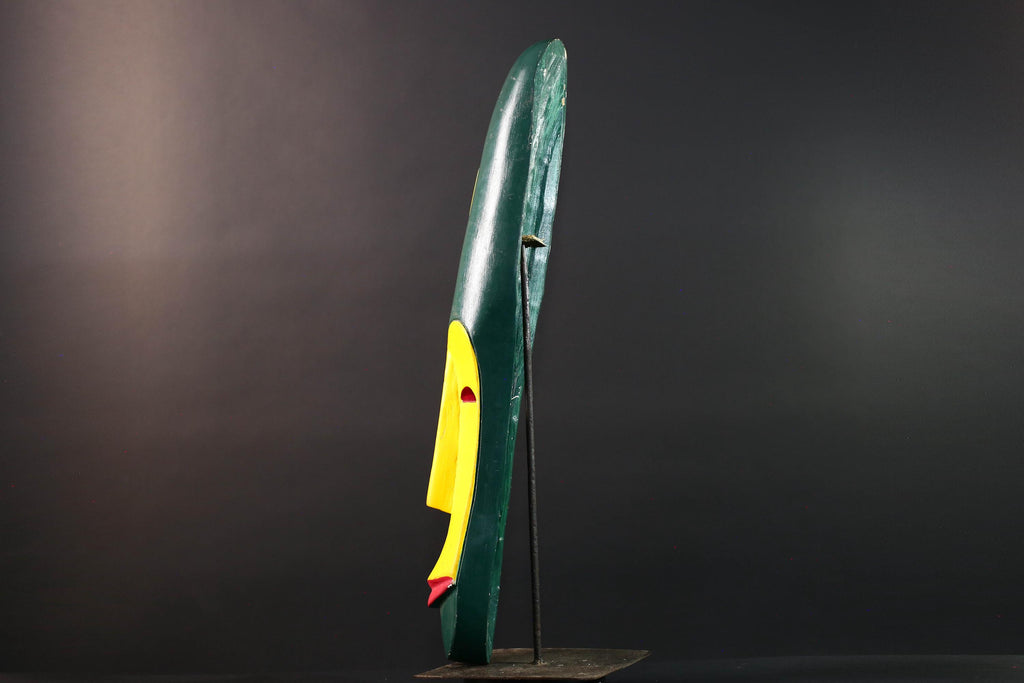 African wall mask tall fang mask tribal face art yellow green carved wood mask spiritual decor long african mask gabon wall hanging  G5460