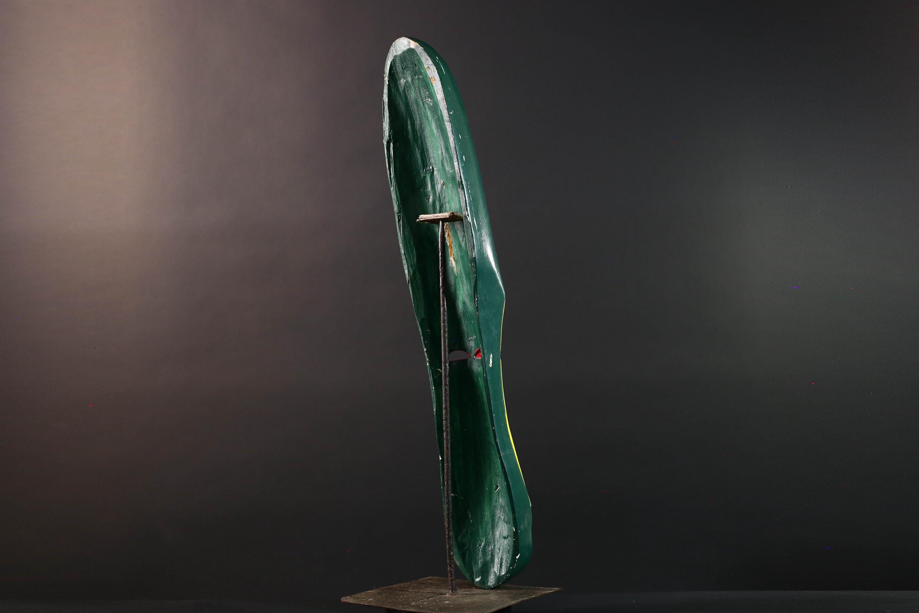 African wall mask tall fang mask tribal face art yellow green carved wood mask spiritual decor long african mask gabon wall hanging  G5460