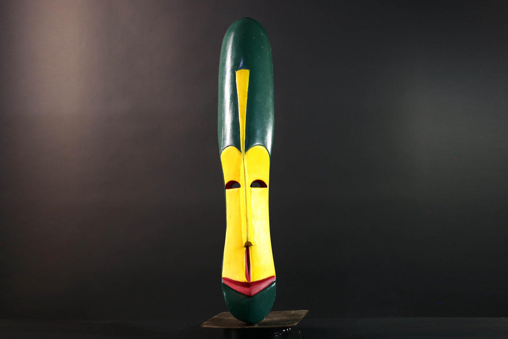 African wall mask tall fang mask tribal face art yellow green carved wood mask spiritual decor long african mask gabon wall hanging  G5460