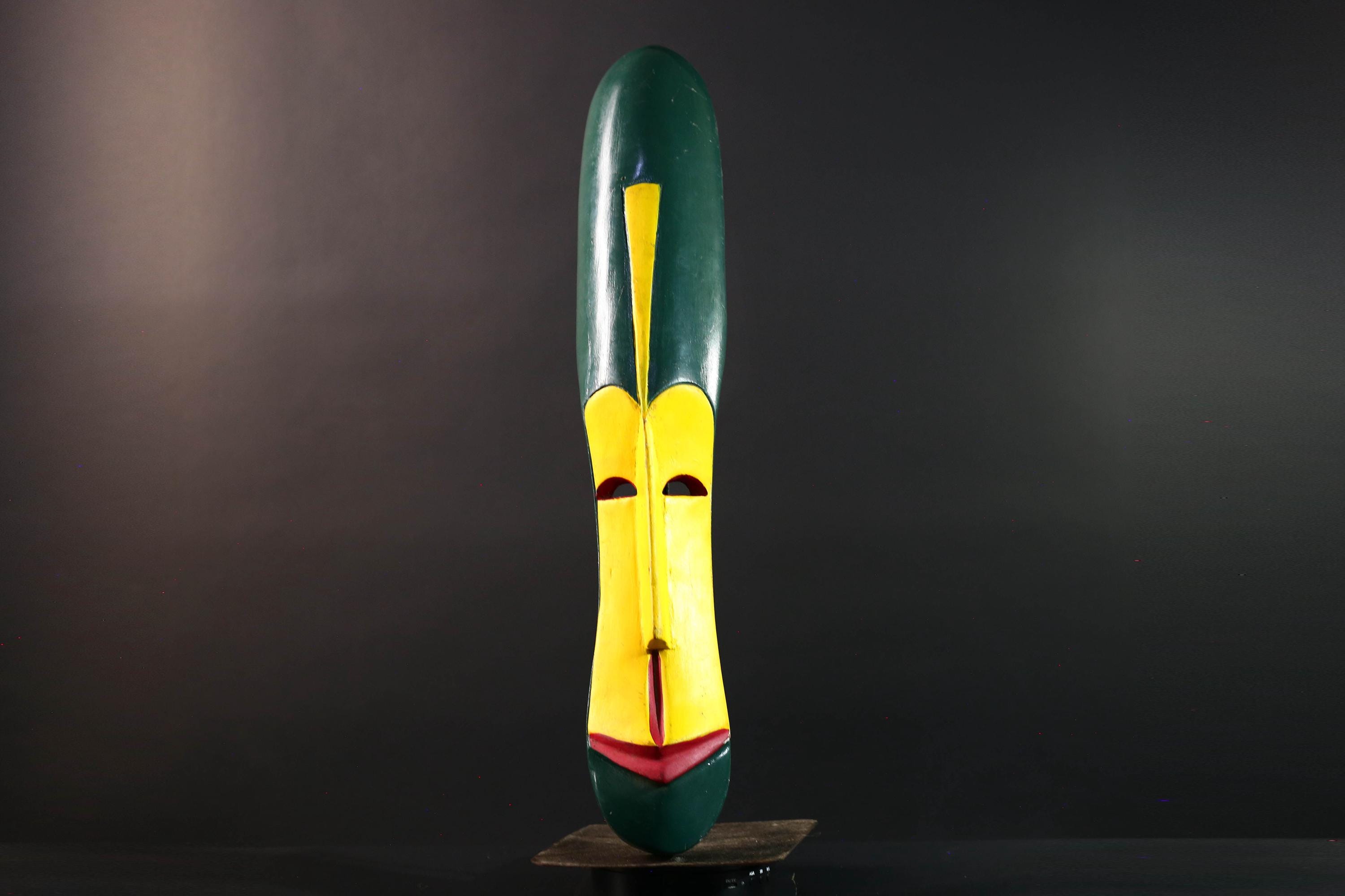 African wall mask tall fang mask tribal face art yellow green carved wood mask spiritual decor long african mask gabon wall hanging  G5460