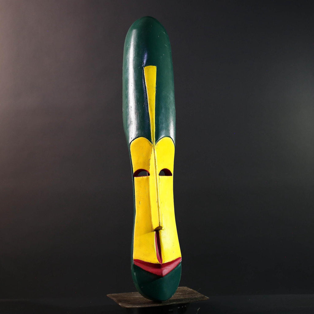 African wall mask tall fang mask tribal face art yellow green carved wood mask spiritual decor long african mask gabon wall hanging  G5460