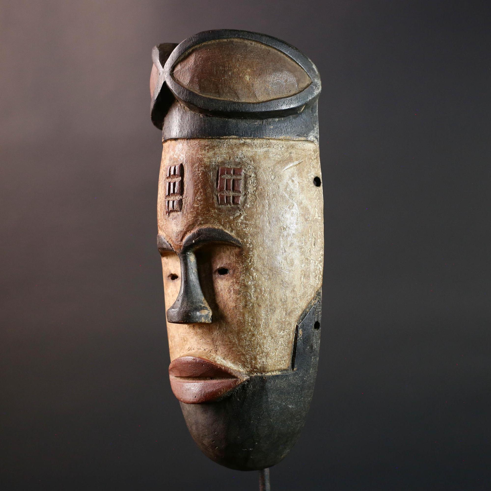 African Dan ceremonial mask tribal carved face art crest forehead marks wood decor spirit wall mask vintage african sculpture  G5461