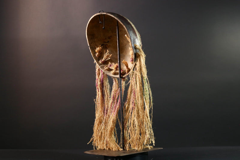 African Lega mask raffia tribal face wood carving congo wall hanging spiritual bwami art carved round mask african fiber sculpture G5462