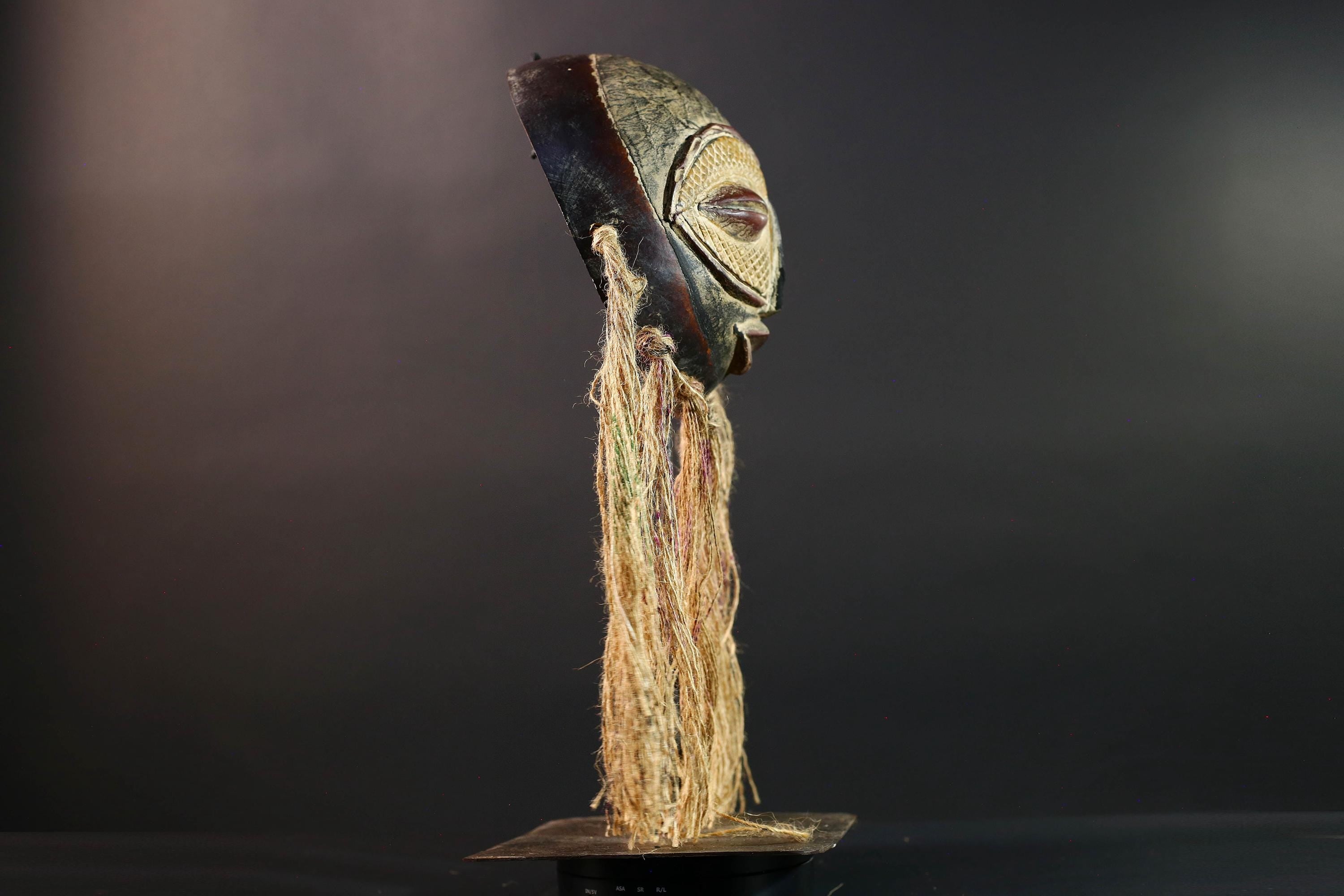 African Lega mask raffia tribal face wood carving congo wall hanging spiritual bwami art carved round mask african fiber sculpture G5462
