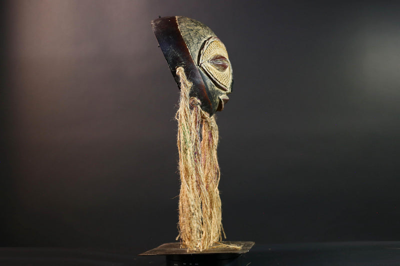 African Lega mask raffia tribal face wood carving congo wall hanging spiritual bwami art carved round mask african fiber sculpture G5462