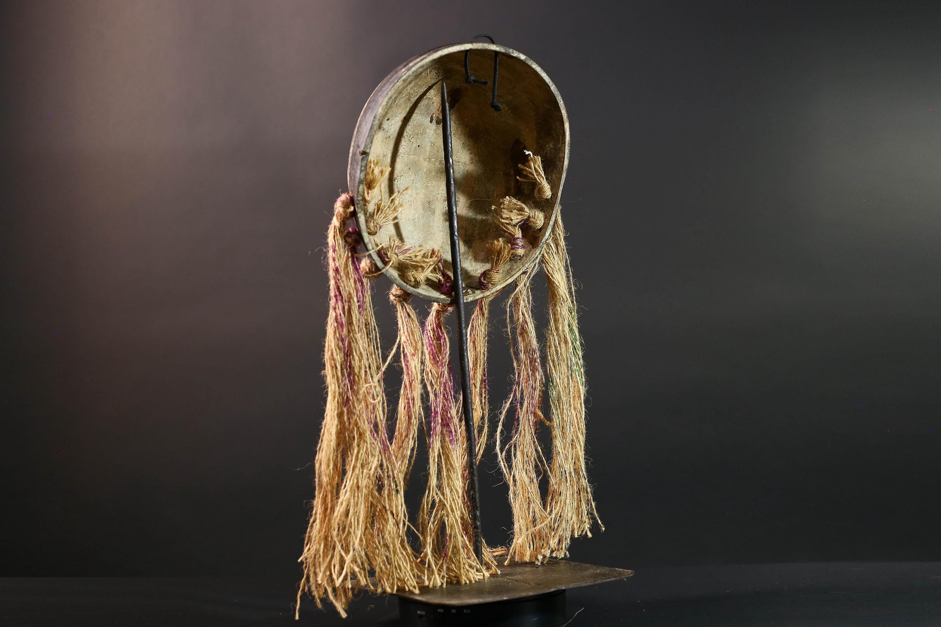African Lega mask raffia tribal face wood carving congo wall hanging spiritual bwami art carved round mask african fiber sculpture G5462