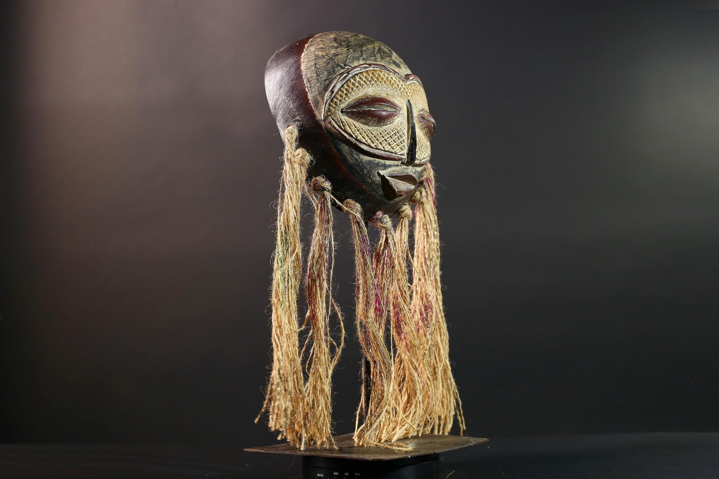 African Lega mask raffia tribal face wood carving congo wall hanging spiritual bwami art carved round mask african fiber sculpture G5462