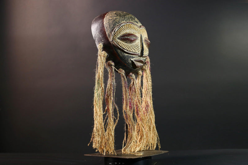 African Lega mask raffia tribal face wood carving congo wall hanging spiritual bwami art carved round mask african fiber sculpture G5462