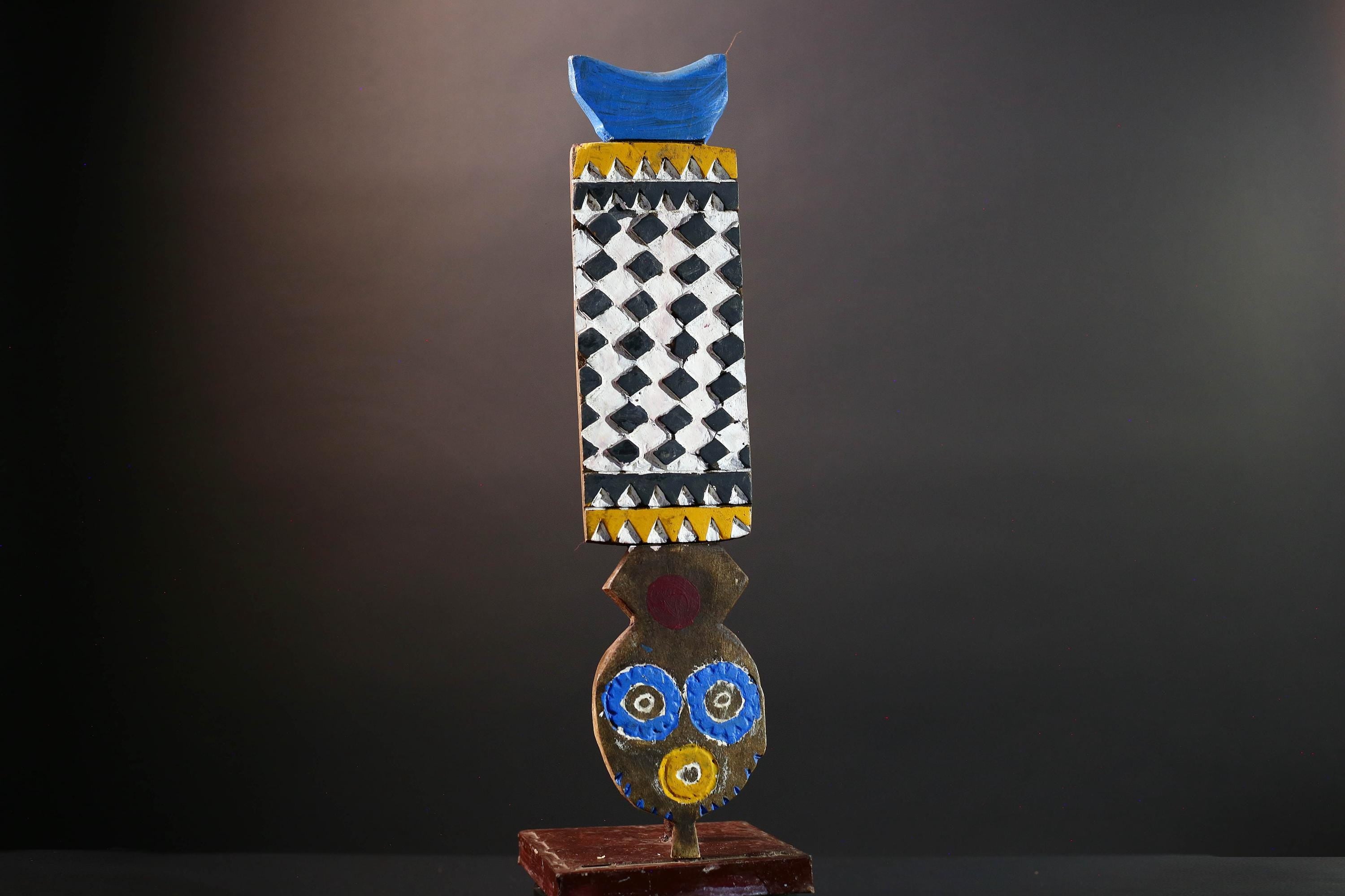 African Bwa plank mask tribal vertical carving geometric wood art spirit figure wall decor burkina faso mask bird crest sculpture G5465