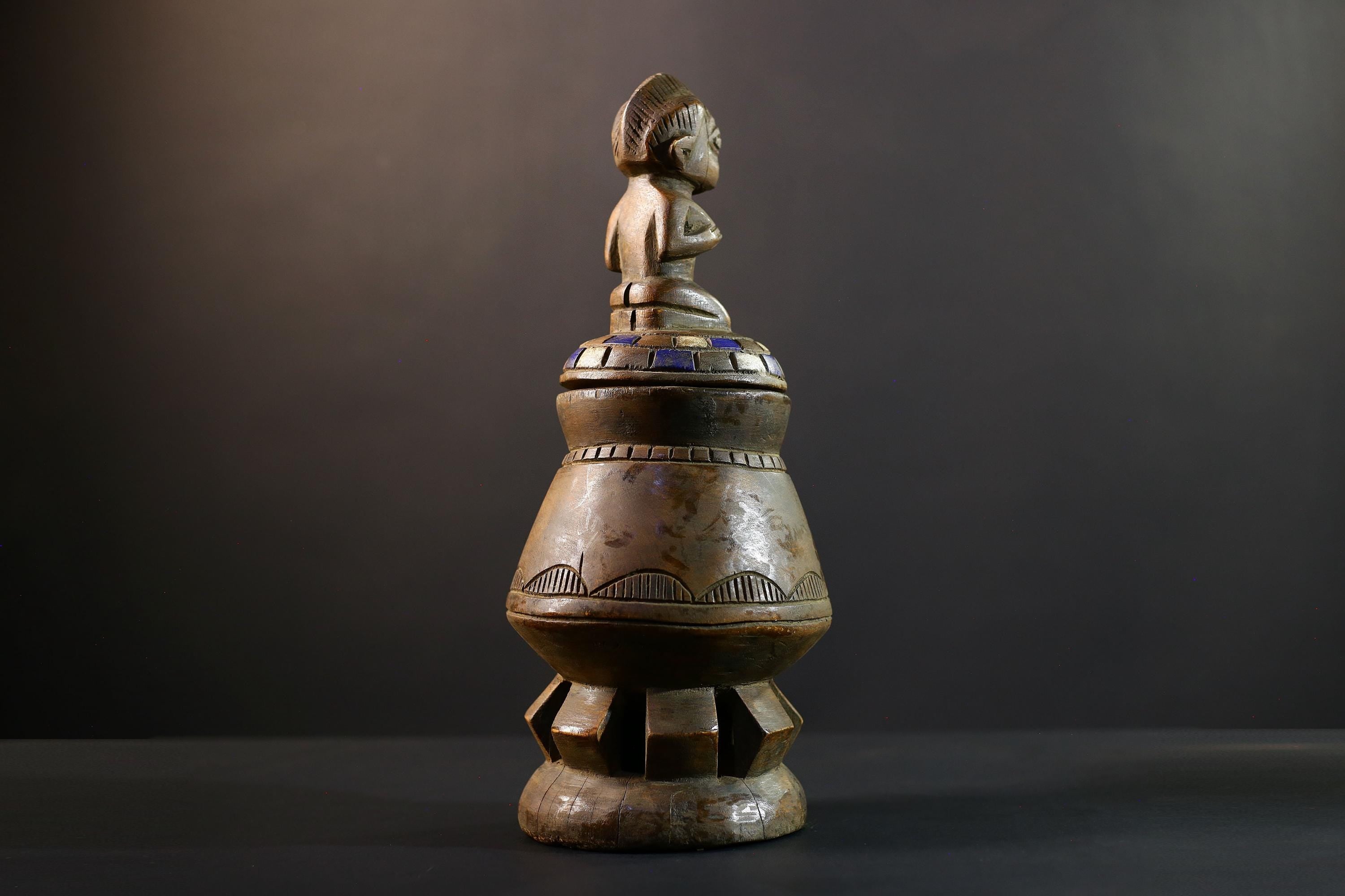 Africa Yoruba ritual vessel, carved ceremonial jar with figure, tribal wooden altar pot, vintage ethnic sculpture,boho spiritual decor-G5355