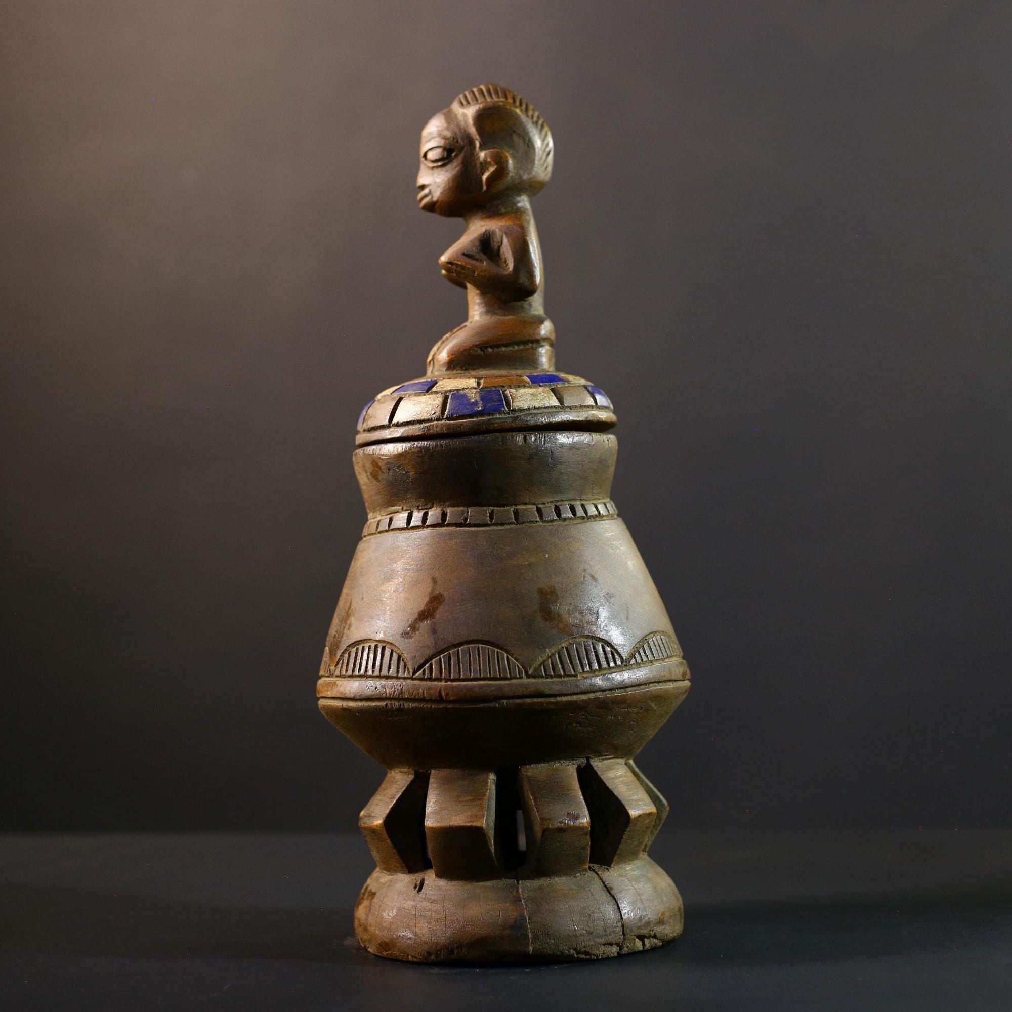 Africa Yoruba ritual vessel, carved ceremonial jar with figure, tribal wooden altar pot, vintage ethnic sculpture,boho spiritual decor-G5355