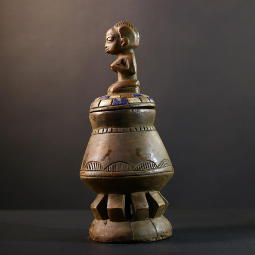 Africa Yoruba ritual vessel, carved ceremonial jar with figure, tribal wooden altar pot, vintage ethnic sculpture,boho spiritual decor-G5355