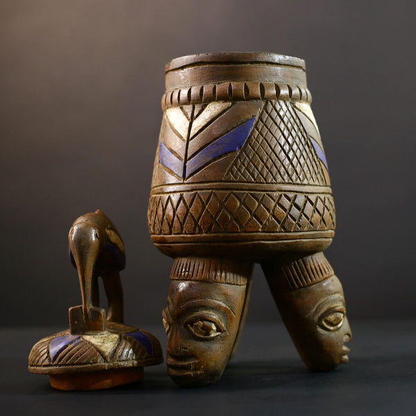 African Yoruba ritual vessel, wood altar jar with bird and heads, tribal ceremonial container, carved ethnic sculpture, vintage decor-G5354