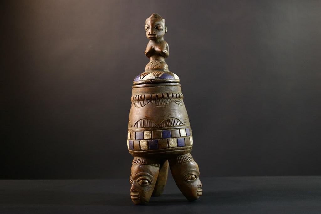 Africa Yoruba ceremonial vessel, carved altar jar with figure and heads, tribal ritual container, vintage ethnic wood shrine sculpture-G5353