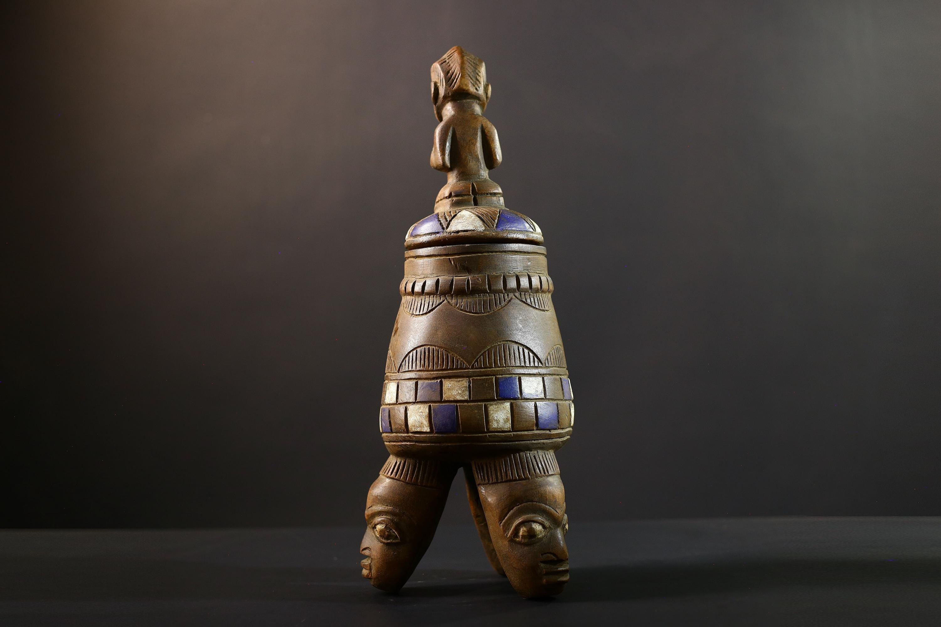 Africa Yoruba ceremonial vessel, carved altar jar with figure and heads, tribal ritual container, vintage ethnic wood shrine sculpture-G5353