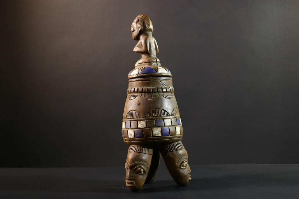 Africa Yoruba ceremonial vessel, carved altar jar with figure and heads, tribal ritual container, vintage ethnic wood shrine sculpture-G5353