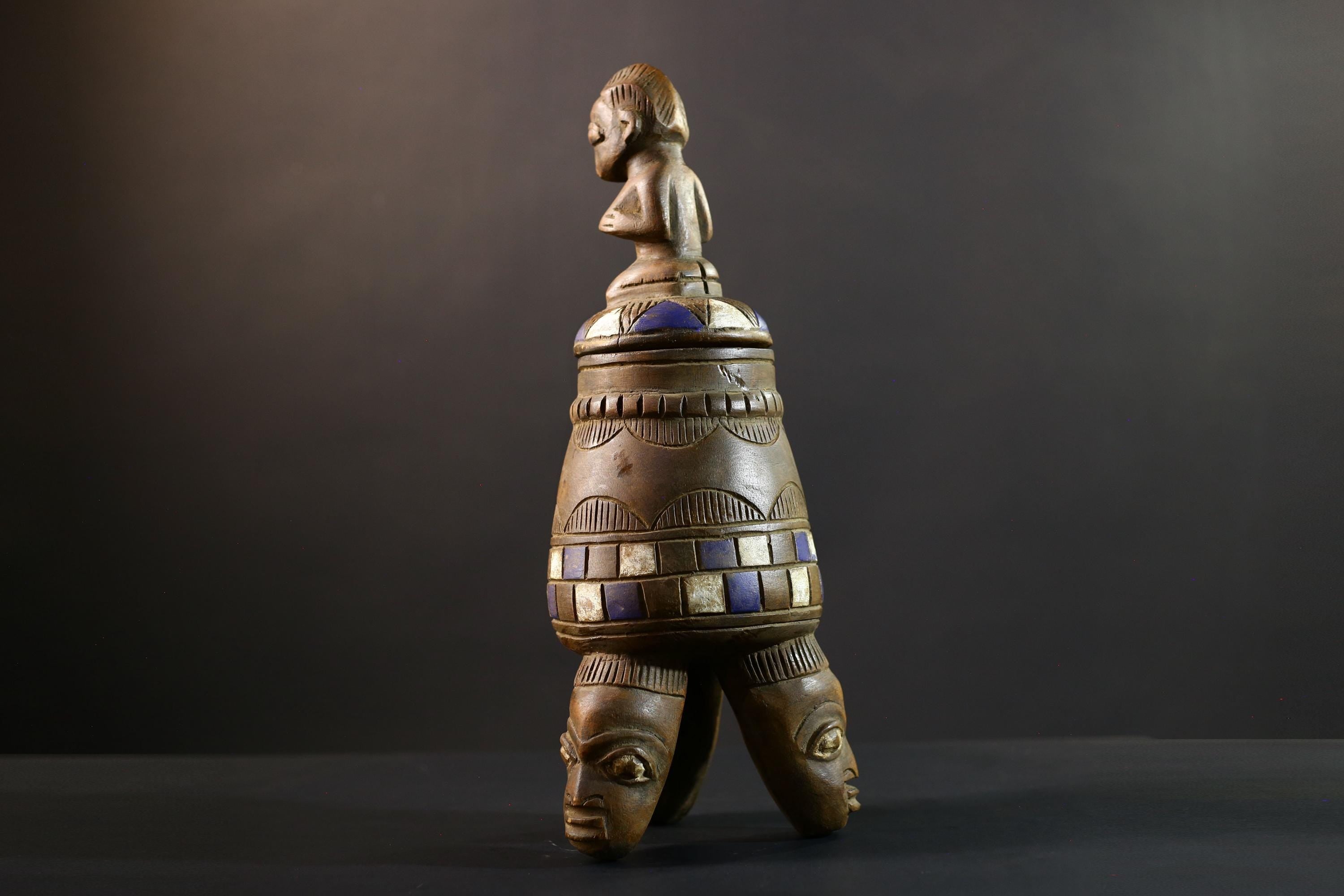 Africa Yoruba ceremonial vessel, carved altar jar with figure and heads, tribal ritual container, vintage ethnic wood shrine sculpture-G5353