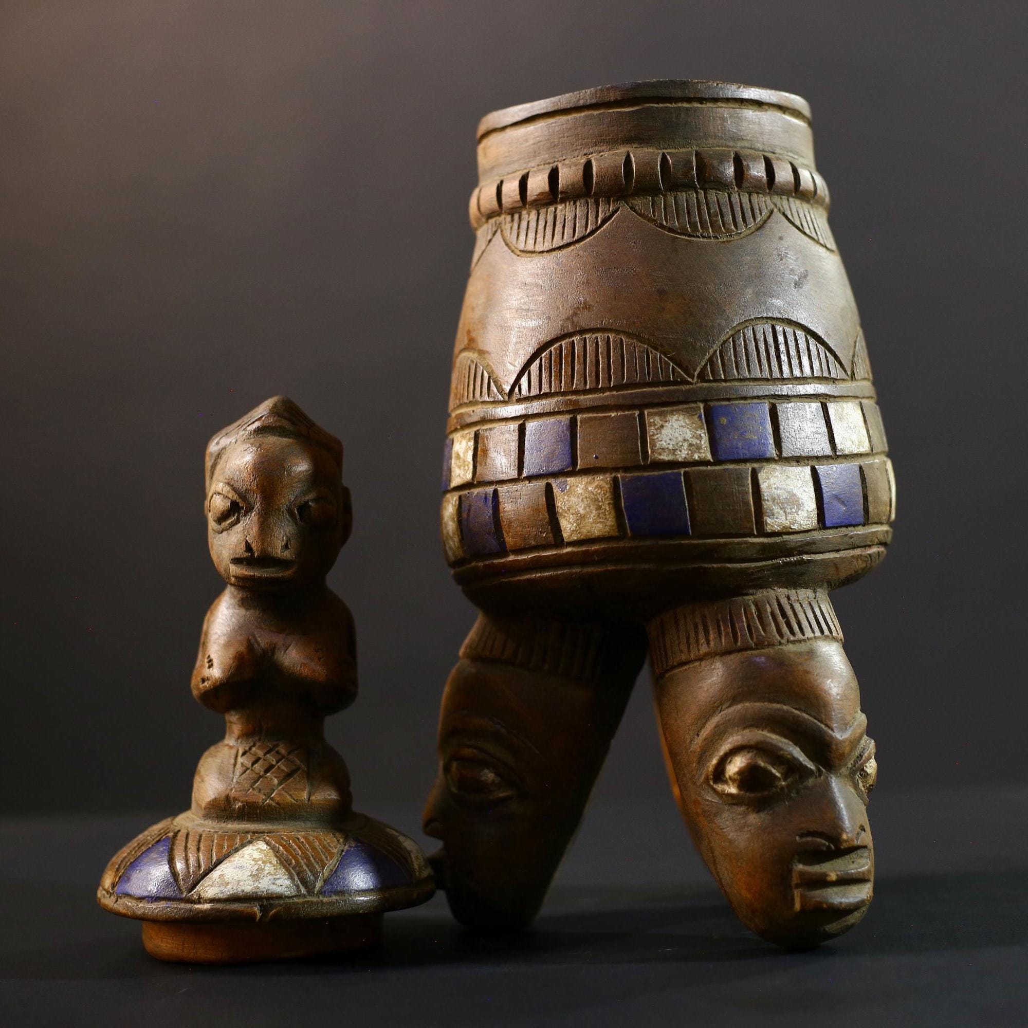 Africa Yoruba ceremonial vessel, carved altar jar with figure and heads, tribal ritual container, vintage ethnic wood shrine sculpture-G5353