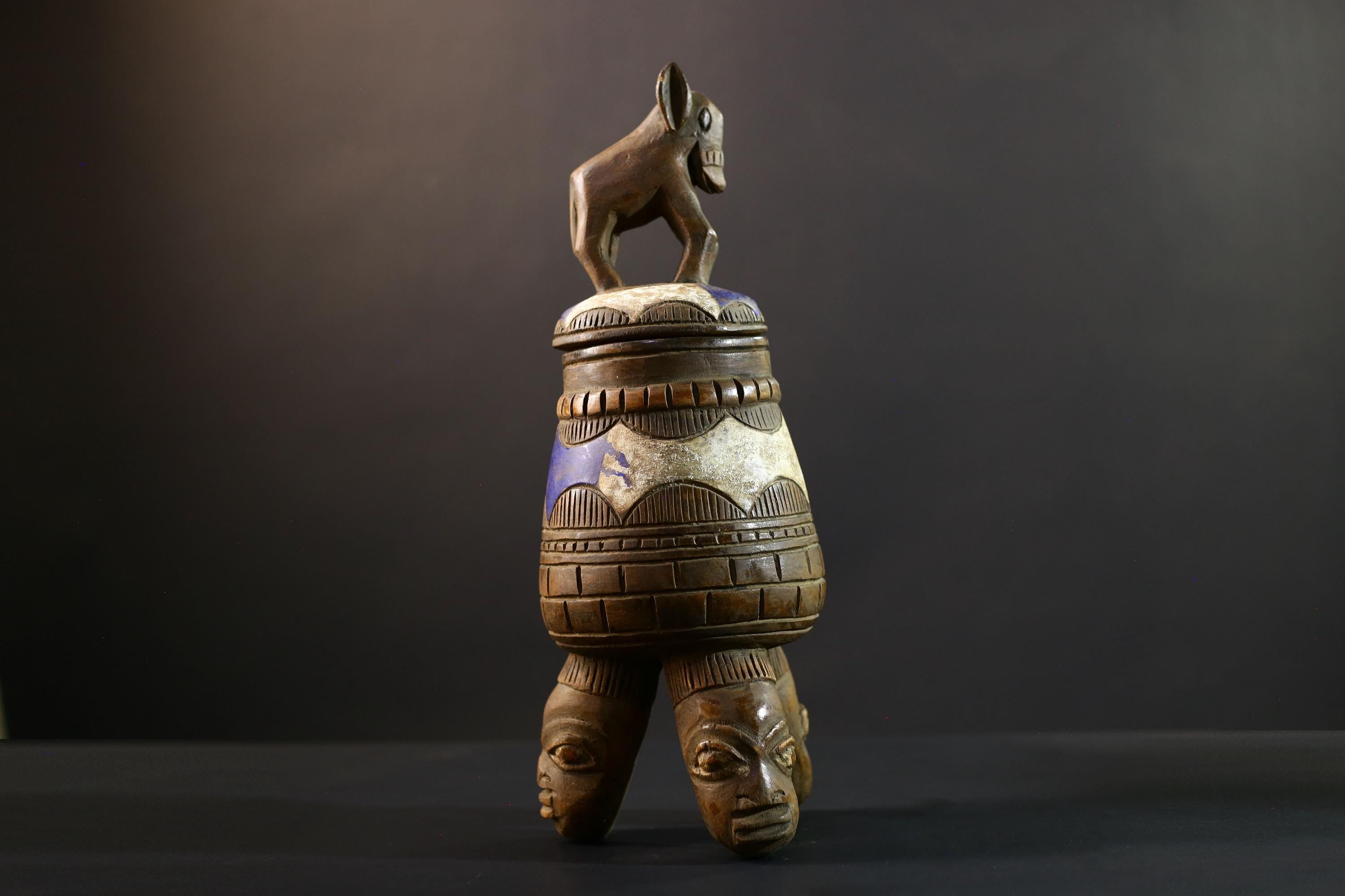 Africa Yoruba ceremonial vessel, carved altar jar with figure and heads, tribal ritual container, vintage ethnic wood shrine sculpture-G5351