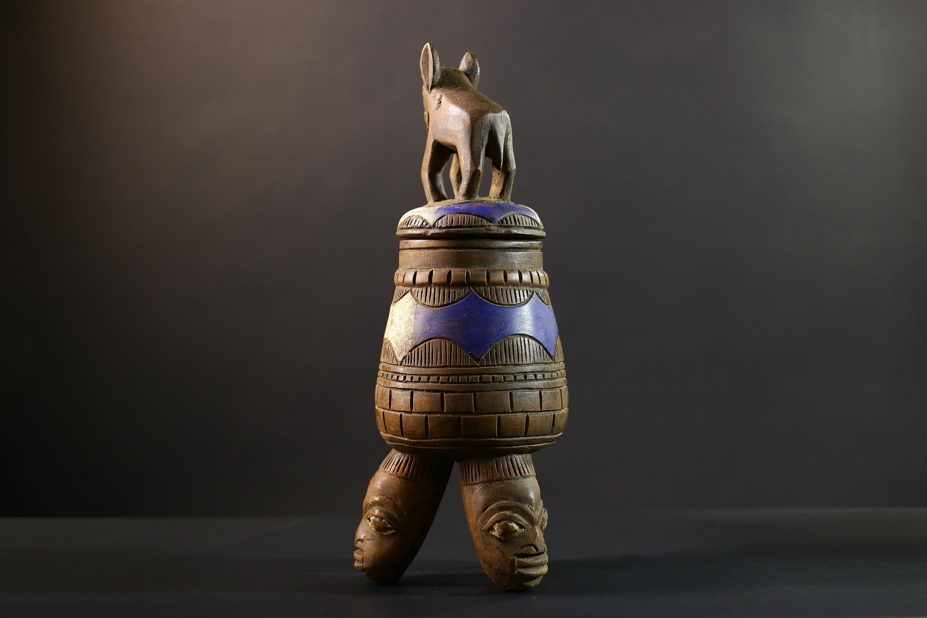 Africa Yoruba ceremonial vessel, carved altar jar with figure and heads, tribal ritual container, vintage ethnic wood shrine sculpture-G5351