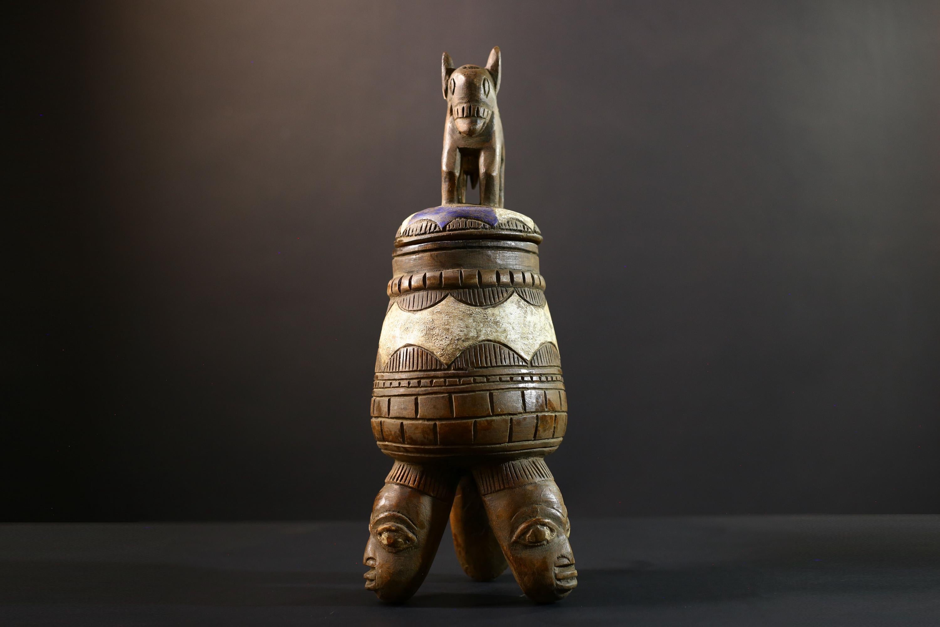 Africa Yoruba ceremonial vessel, carved altar jar with figure and heads, tribal ritual container, vintage ethnic wood shrine sculpture-G5351