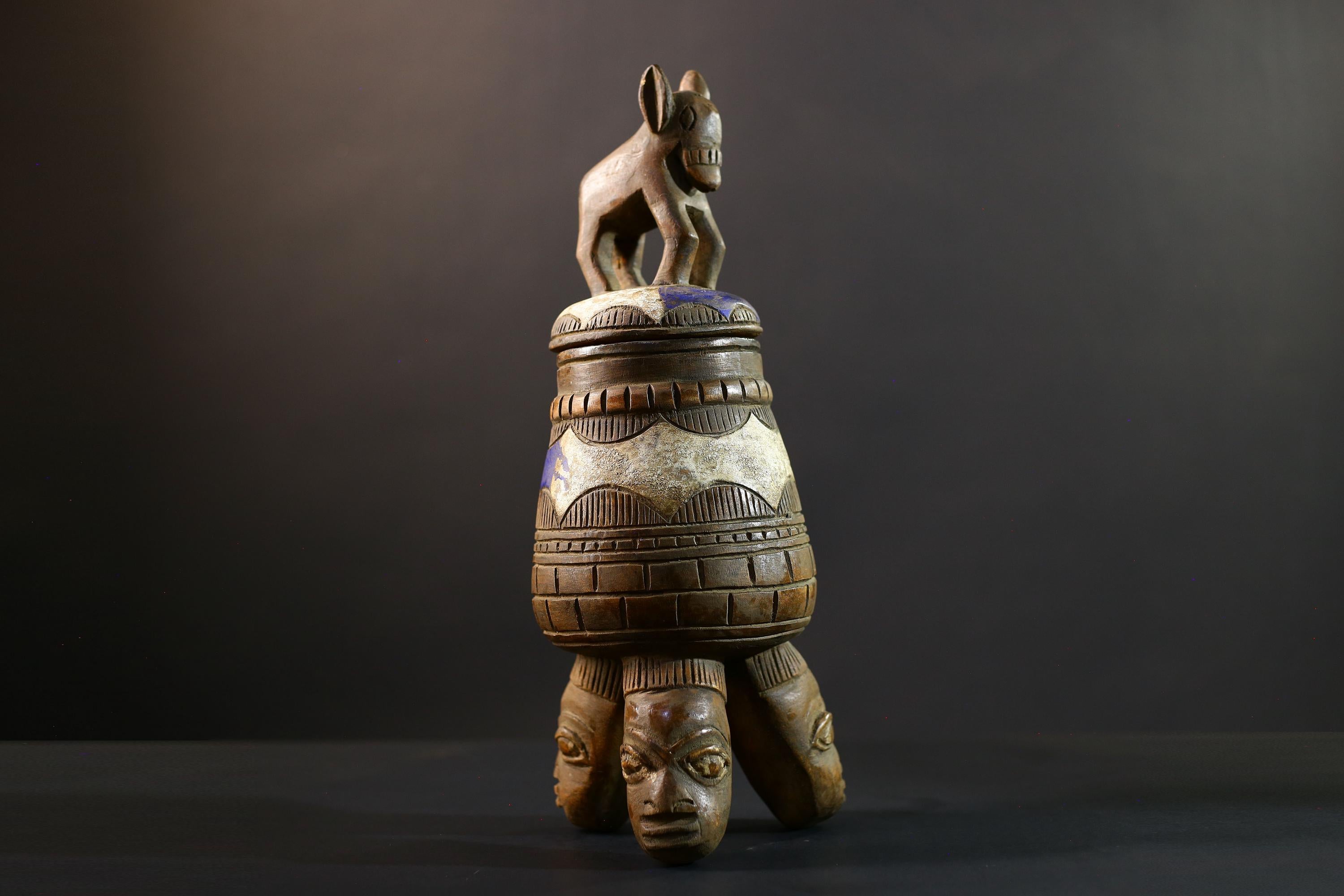 Africa Yoruba ceremonial vessel, carved altar jar with figure and heads, tribal ritual container, vintage ethnic wood shrine sculpture-G5351