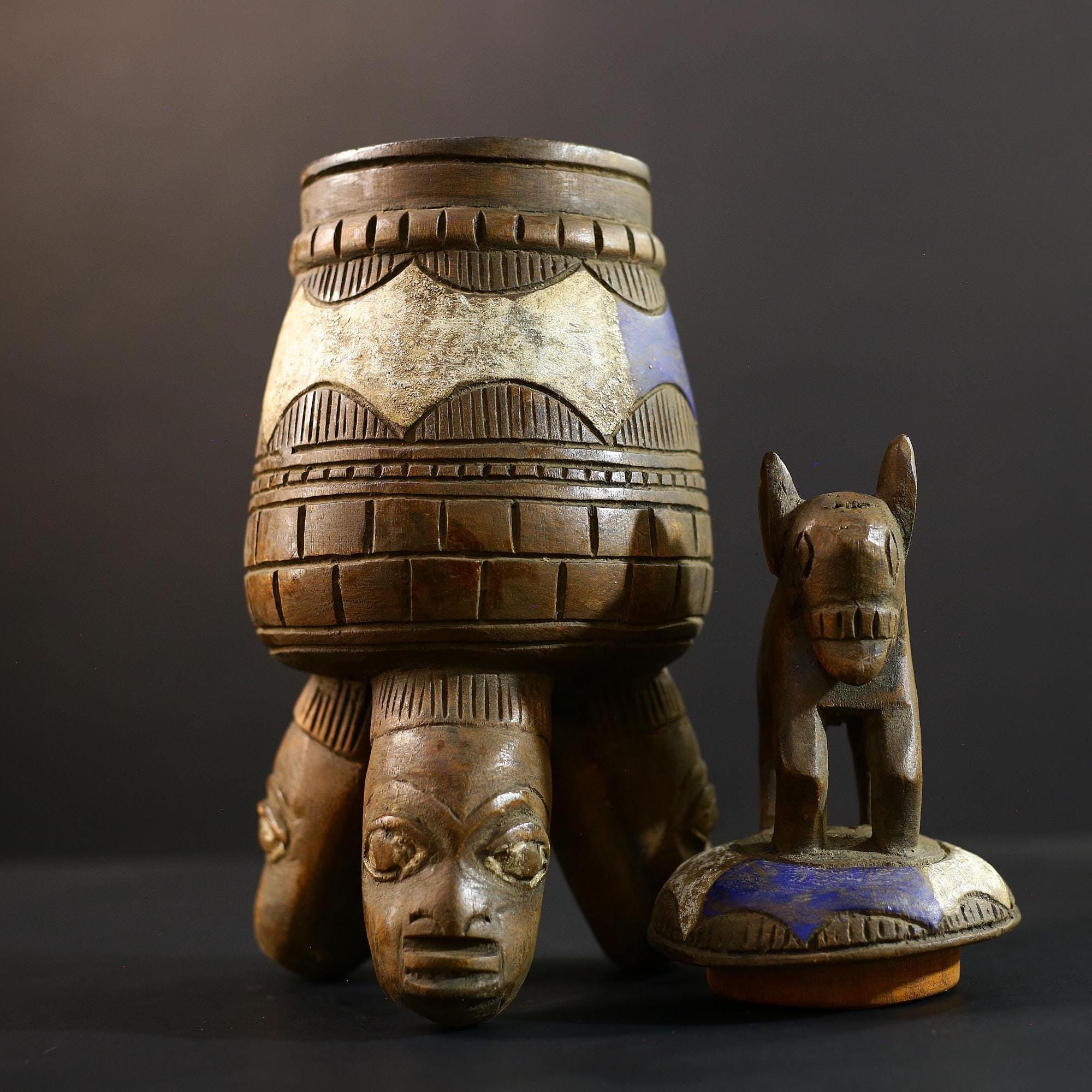 Africa Yoruba ceremonial vessel, carved altar jar with figure and heads, tribal ritual container, vintage ethnic wood shrine sculpture-G5351