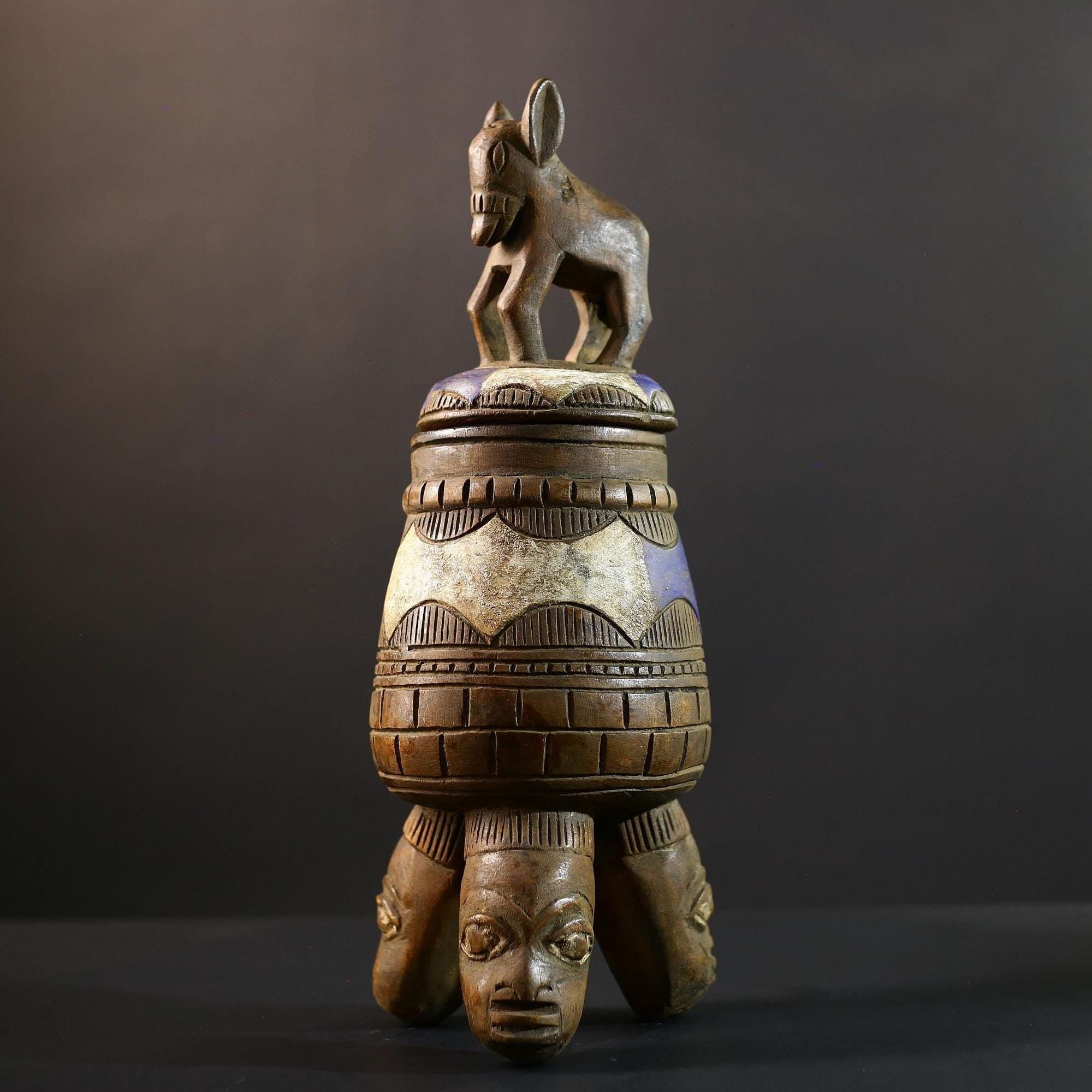 Africa Yoruba ceremonial vessel, carved altar jar with figure and heads, tribal ritual container, vintage ethnic wood shrine sculpture-G5351