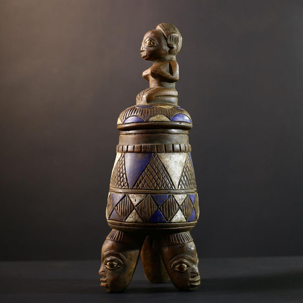 African Yoruba ritual jar, carved wooden shrine vessel with elephant lid, tribal ceremonial container, vintage altar sculpture decor-G5348