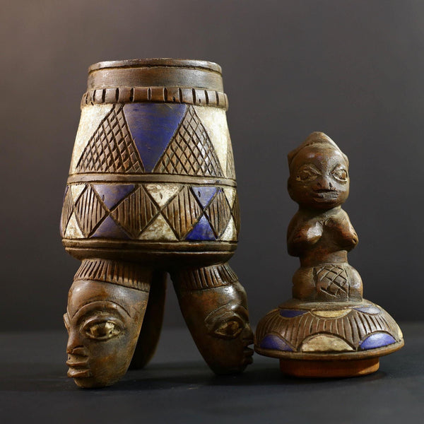 African Yoruba ritual jar, carved wooden shrine vessel with elephant lid, tribal ceremonial container, vintage altar sculpture decor-G5348