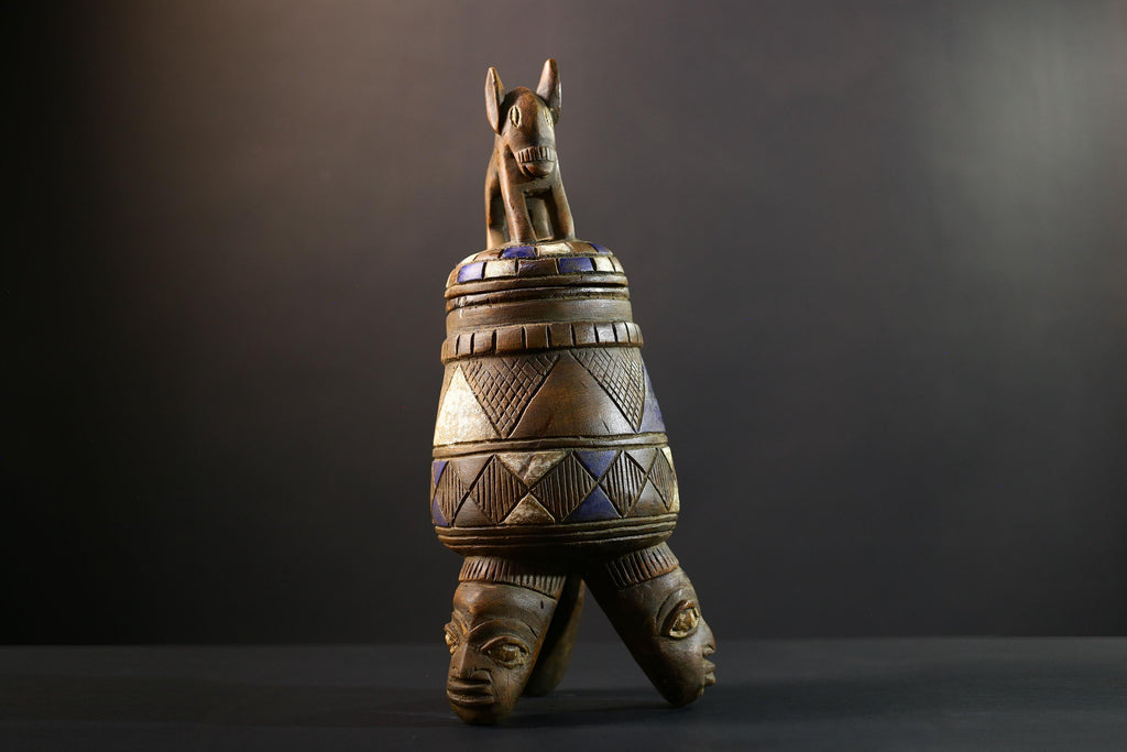 Africa Yoruba ceremonial vessel, carved altar jar with figure and heads, tribal ritual container, vintage ethnic wood shrine sculpture-G5347