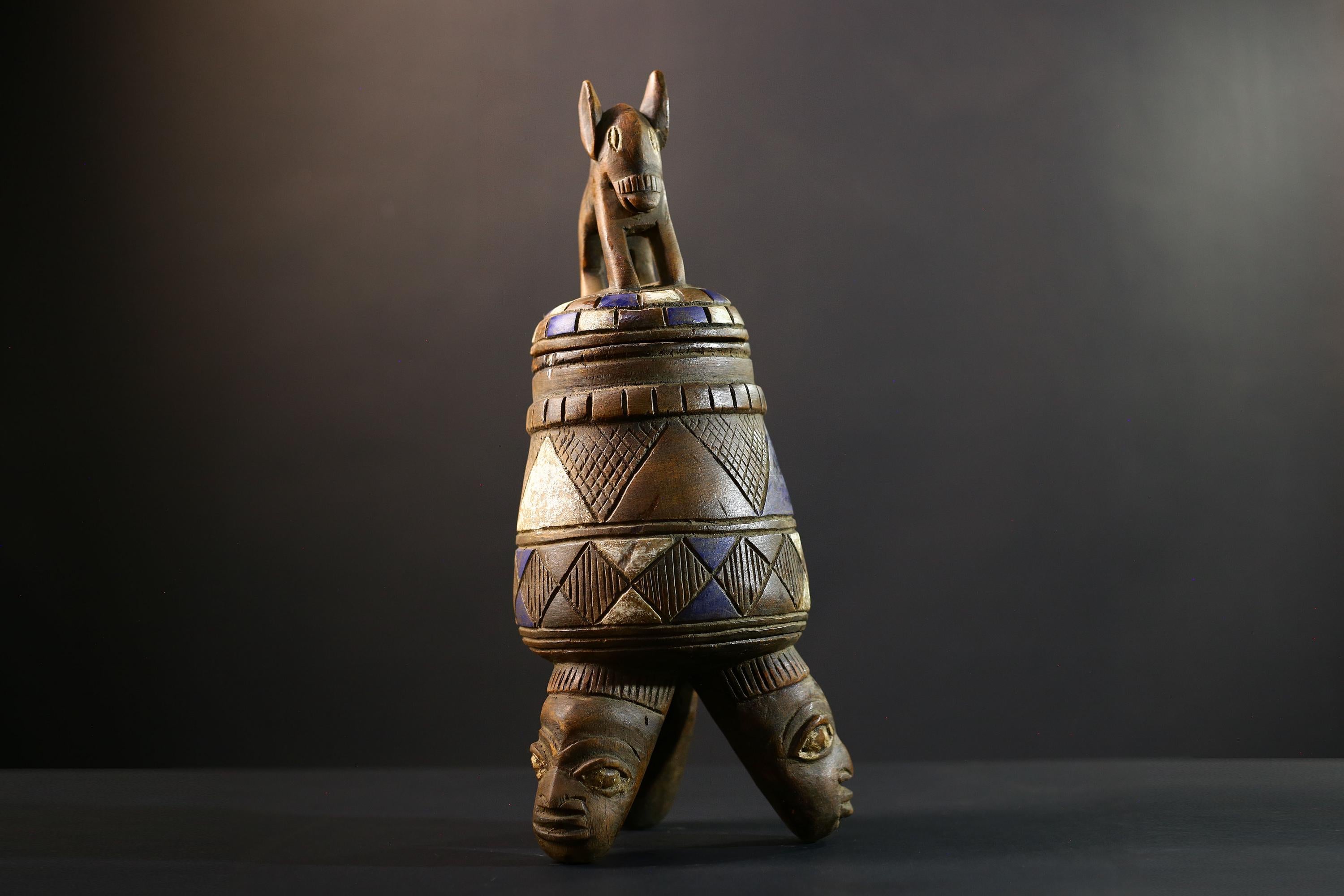 Africa Yoruba ceremonial vessel, carved altar jar with figure and heads, tribal ritual container, vintage ethnic wood shrine sculpture-G5347