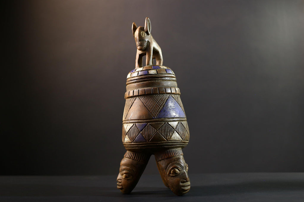 Africa Yoruba ceremonial vessel, carved altar jar with figure and heads, tribal ritual container, vintage ethnic wood shrine sculpture-G5347