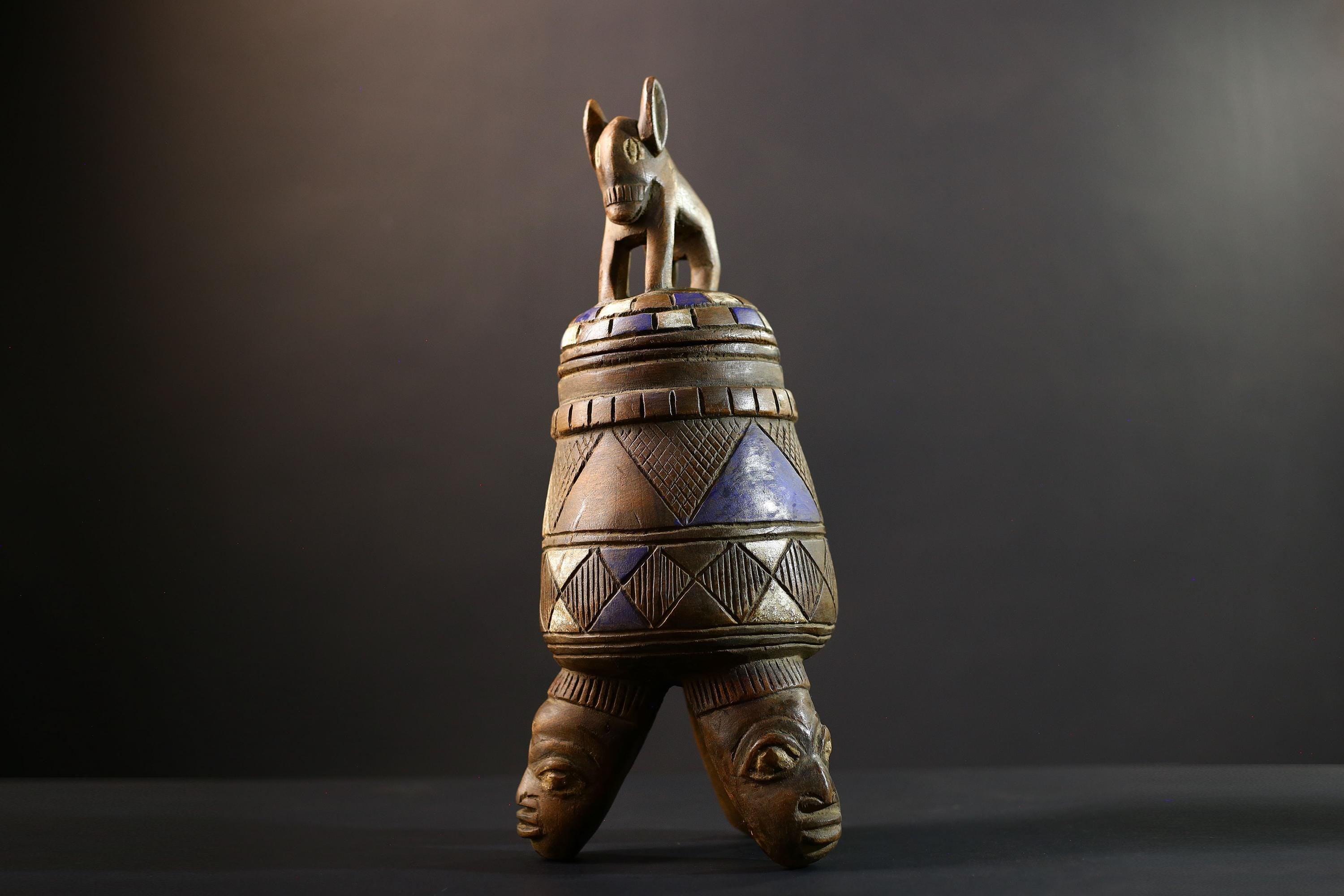 Africa Yoruba ceremonial vessel, carved altar jar with figure and heads, tribal ritual container, vintage ethnic wood shrine sculpture-G5347