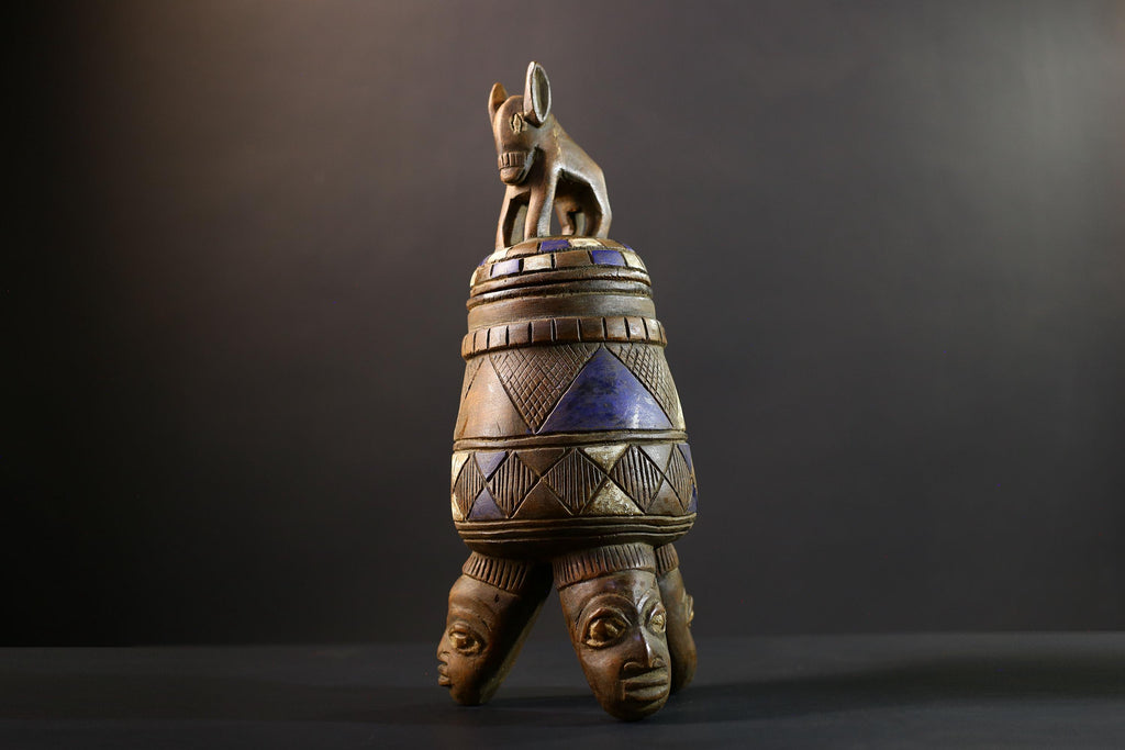 Africa Yoruba ceremonial vessel, carved altar jar with figure and heads, tribal ritual container, vintage ethnic wood shrine sculpture-G5347