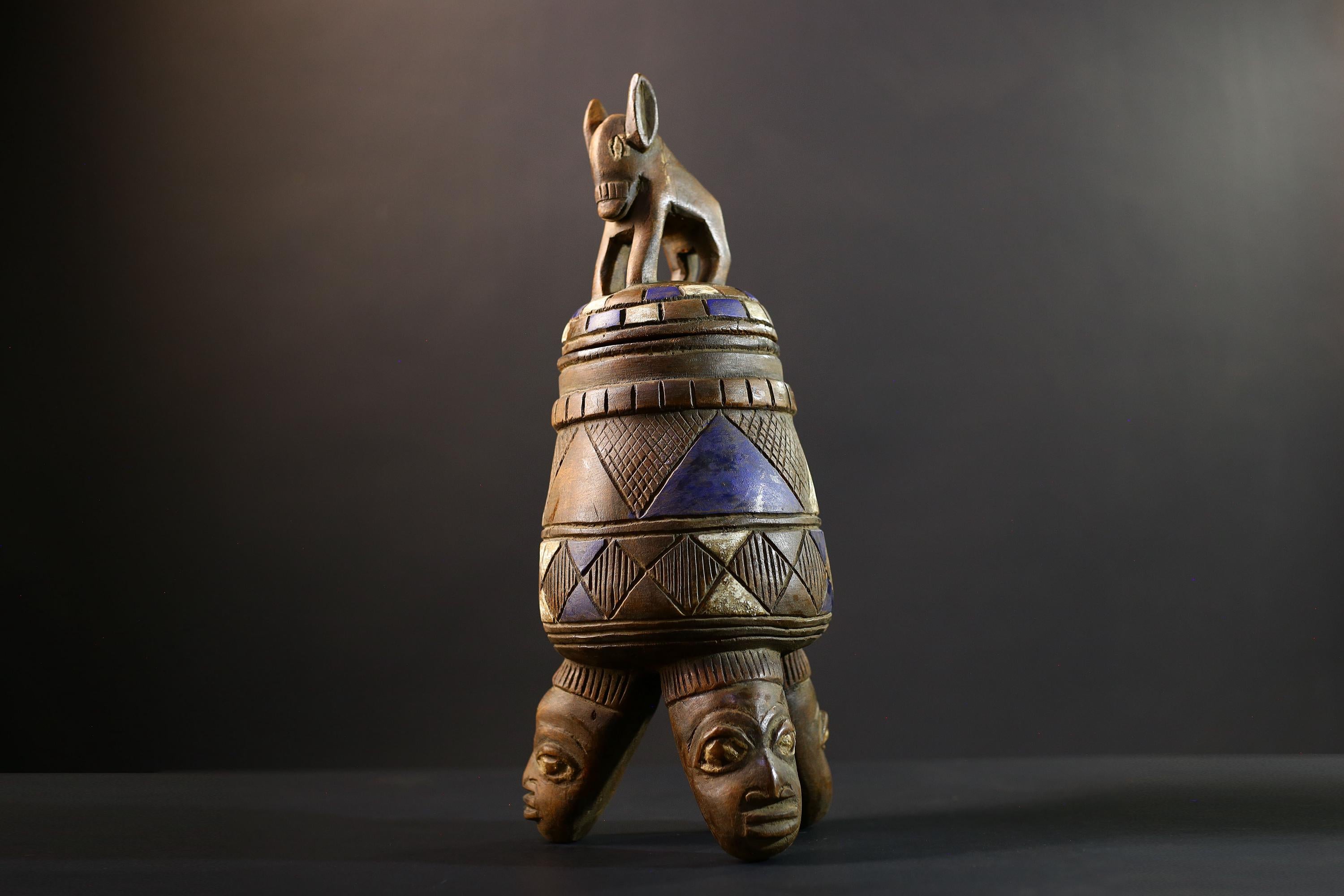 Africa Yoruba ceremonial vessel, carved altar jar with figure and heads, tribal ritual container, vintage ethnic wood shrine sculpture-G5347