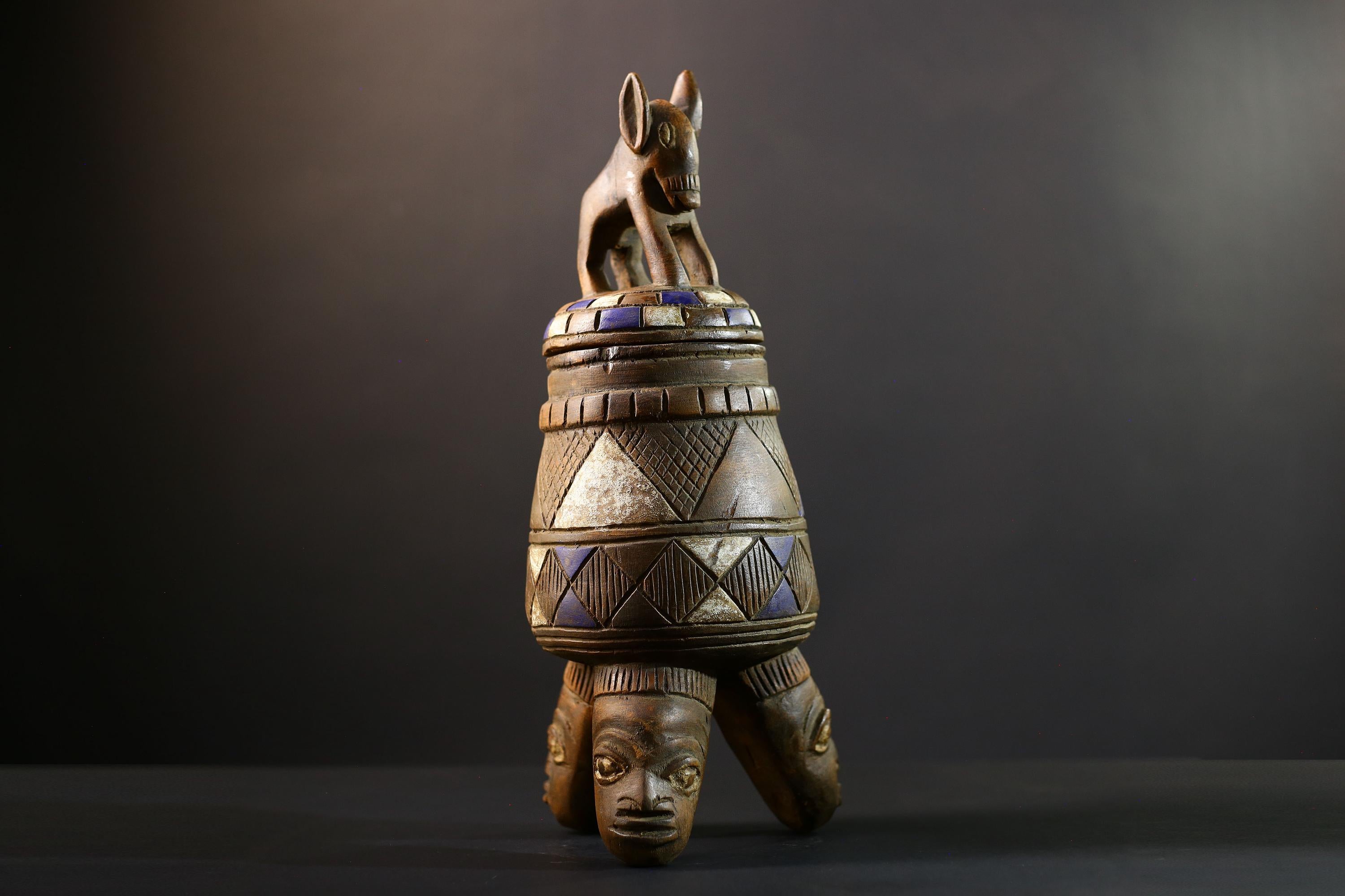 Africa Yoruba ceremonial vessel, carved altar jar with figure and heads, tribal ritual container, vintage ethnic wood shrine sculpture-G5347